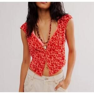 Free People FP One Faye Printed Top Lace Red Cropped Slim Fit